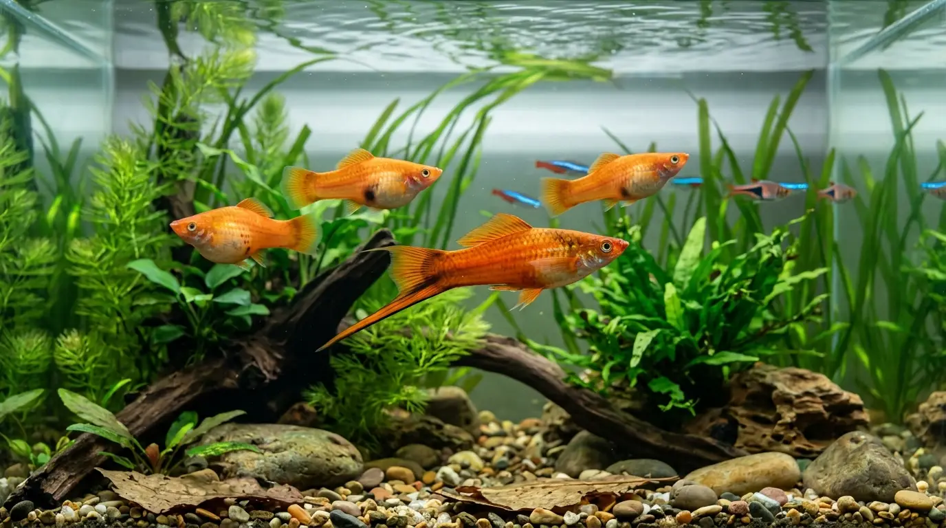 Male swordtail displaying its elongated tail while swimming among several females in a planted community aquarium.