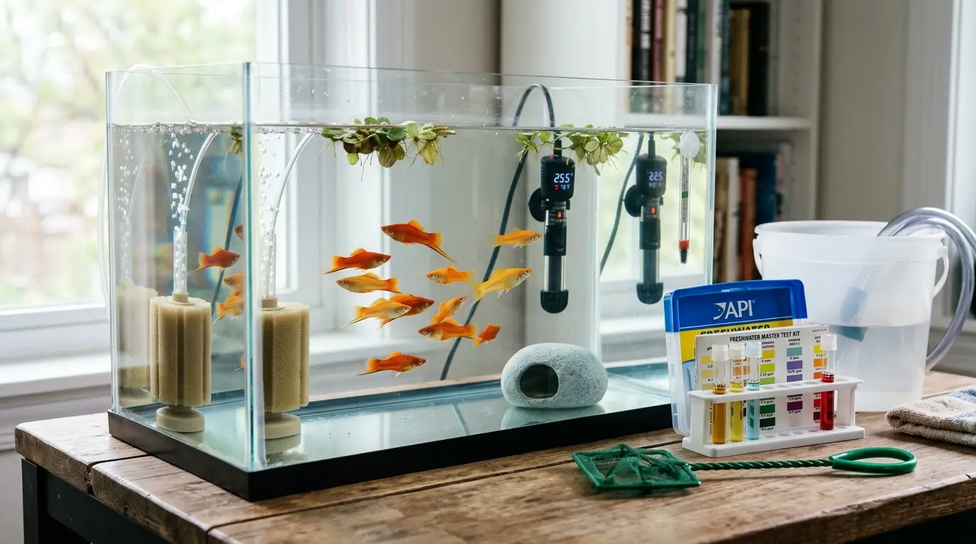 Swordtail fish in a clean quarantine aquarium with sponge filtration, hiding plants, and water testing equipment.
