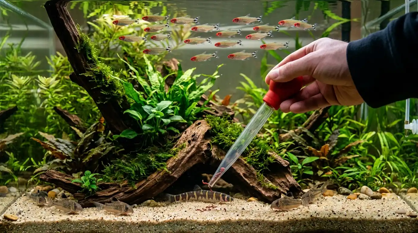 Aquarist using a turkey baster to feed a shy corydoras or catfish inside a planted aquarium.