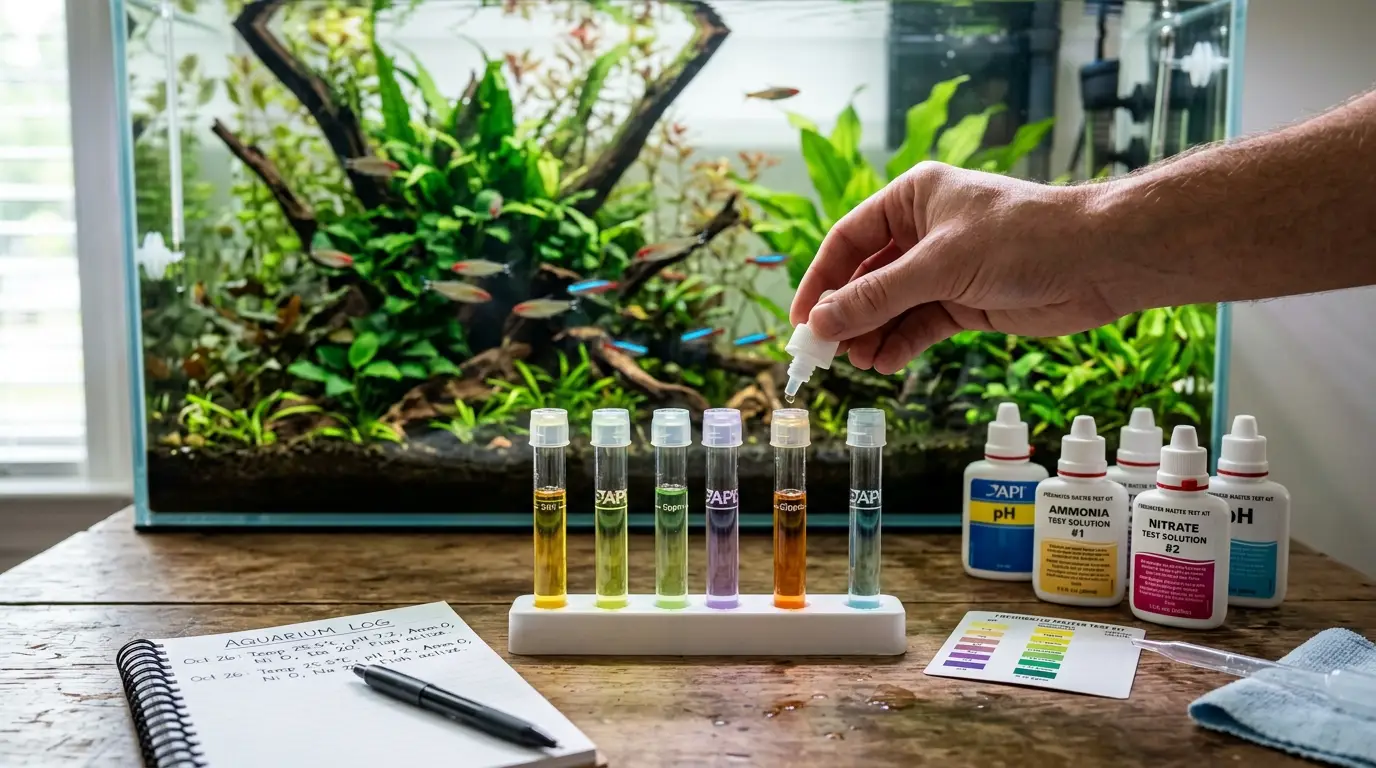 Aquarium keeper testing ammonia, nitrite, and nitrate with liquid water test tubes beside a freshwater aquarium