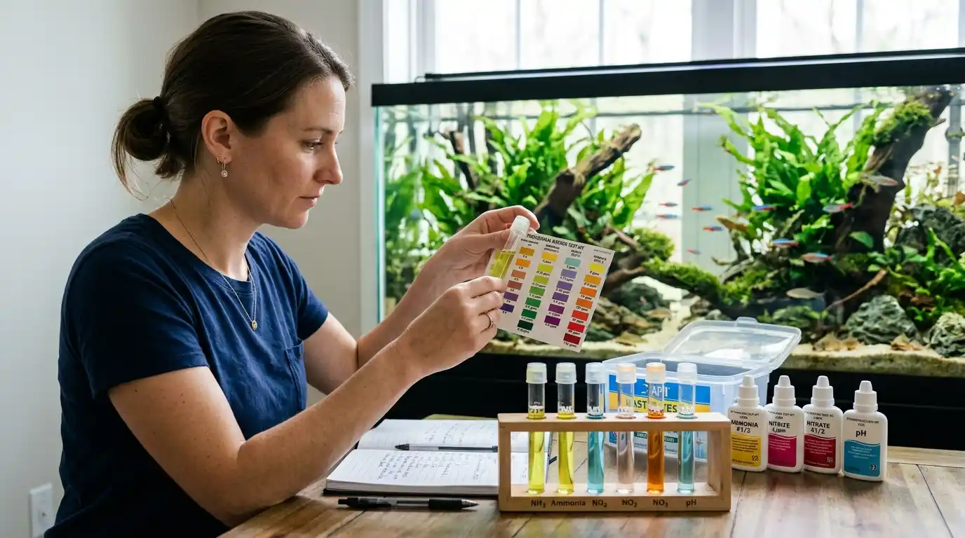 Aquarist testing freshwater aquarium water for ammonia, nitrite, nitrate, and pH beside a planted tank.