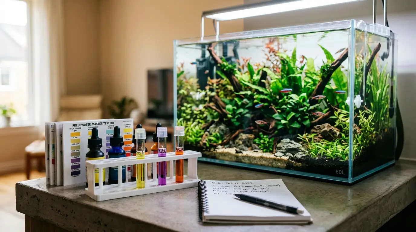 Aquarium water testing with liquid ammonia, nitrite and nitrate test kits beside a freshwater tank