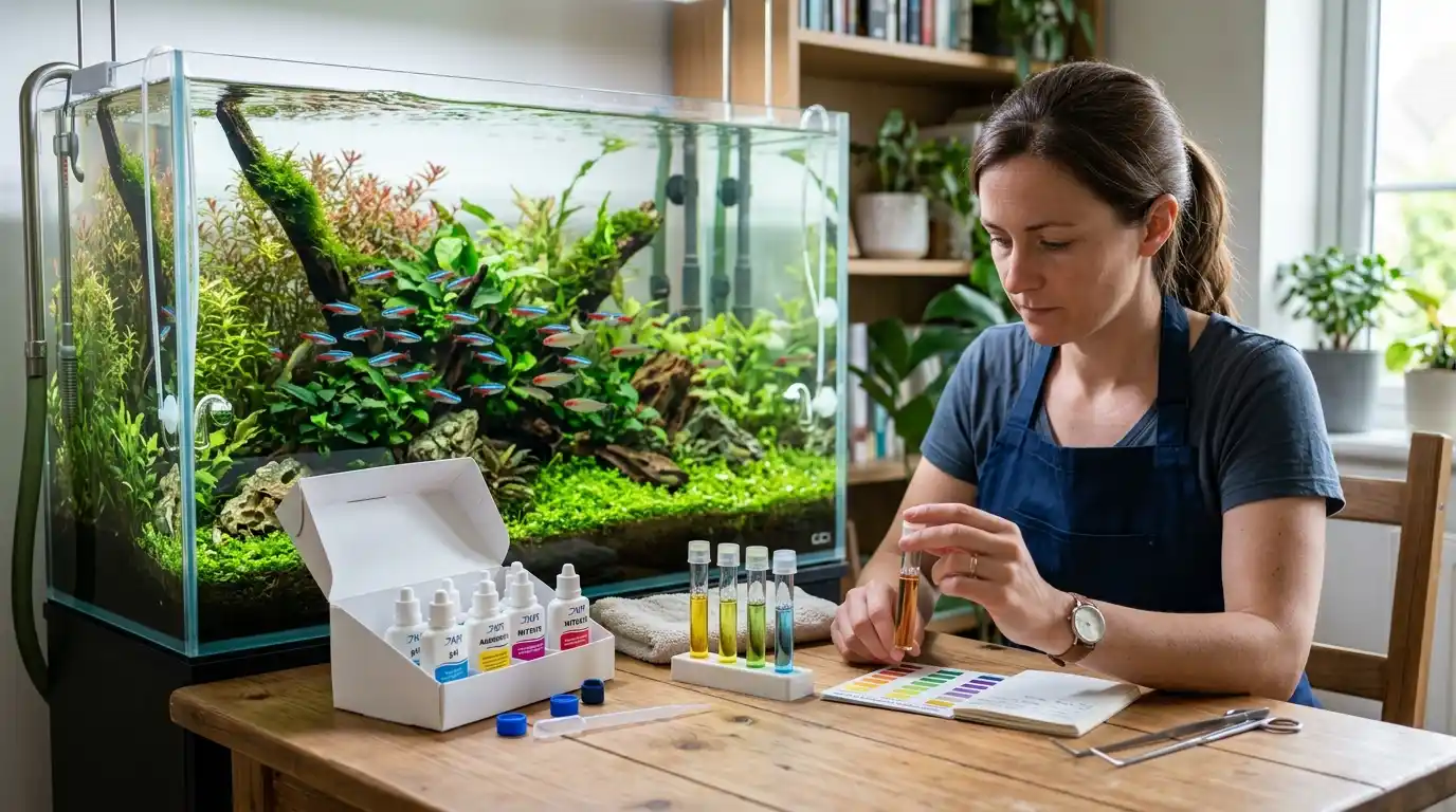 Aquarist checking aquarium water quality with liquid test kit beside a healthy planted aquarium.