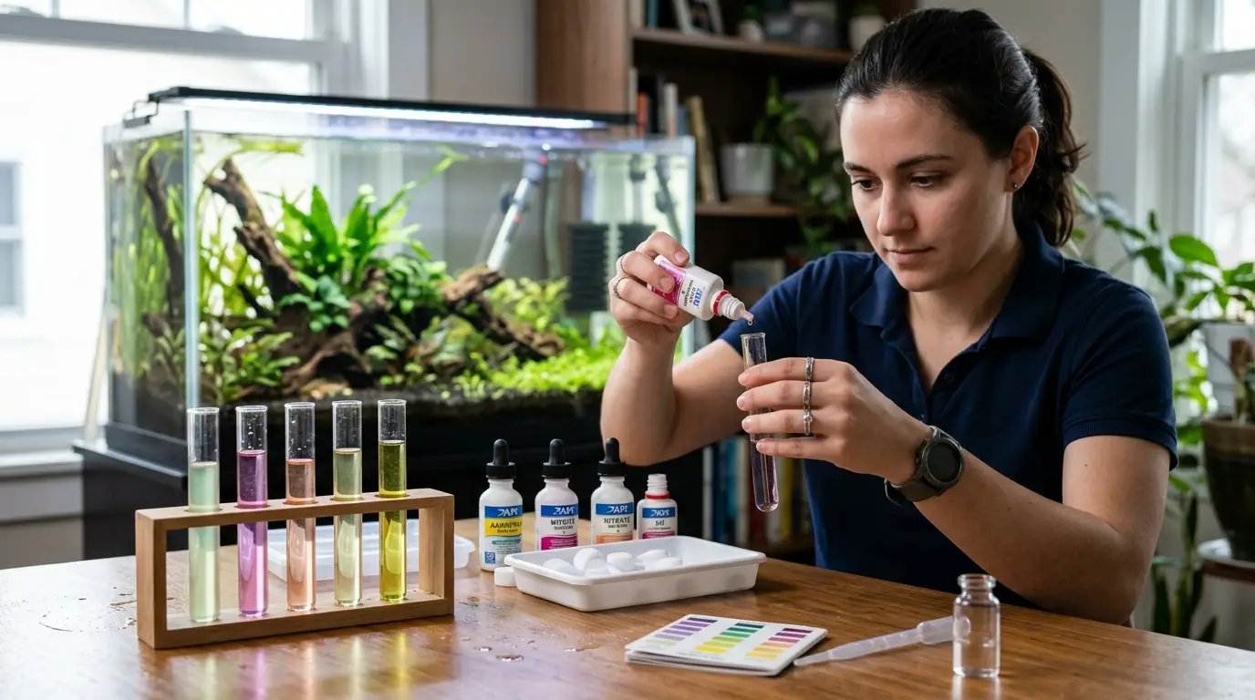 Aquarium water testing equipment being used to monitor ammonia, nitrite, nitrate, and pH during a new tank cycle.