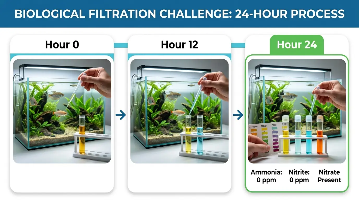 Aquarium water test setup demonstrating an ammonia challenge used to confirm biological filtration