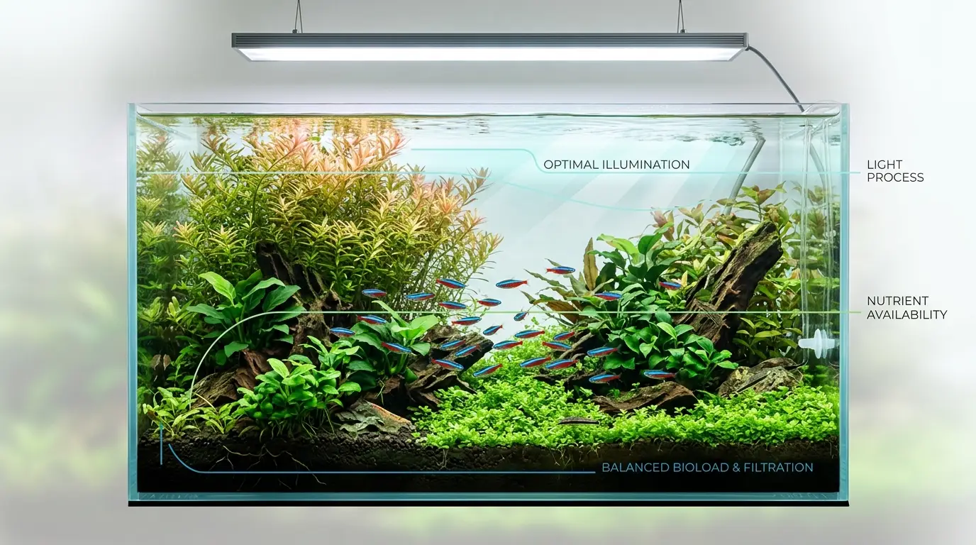 Planted aquarium showing balanced light, nutrients, and plant growth to prevent algae