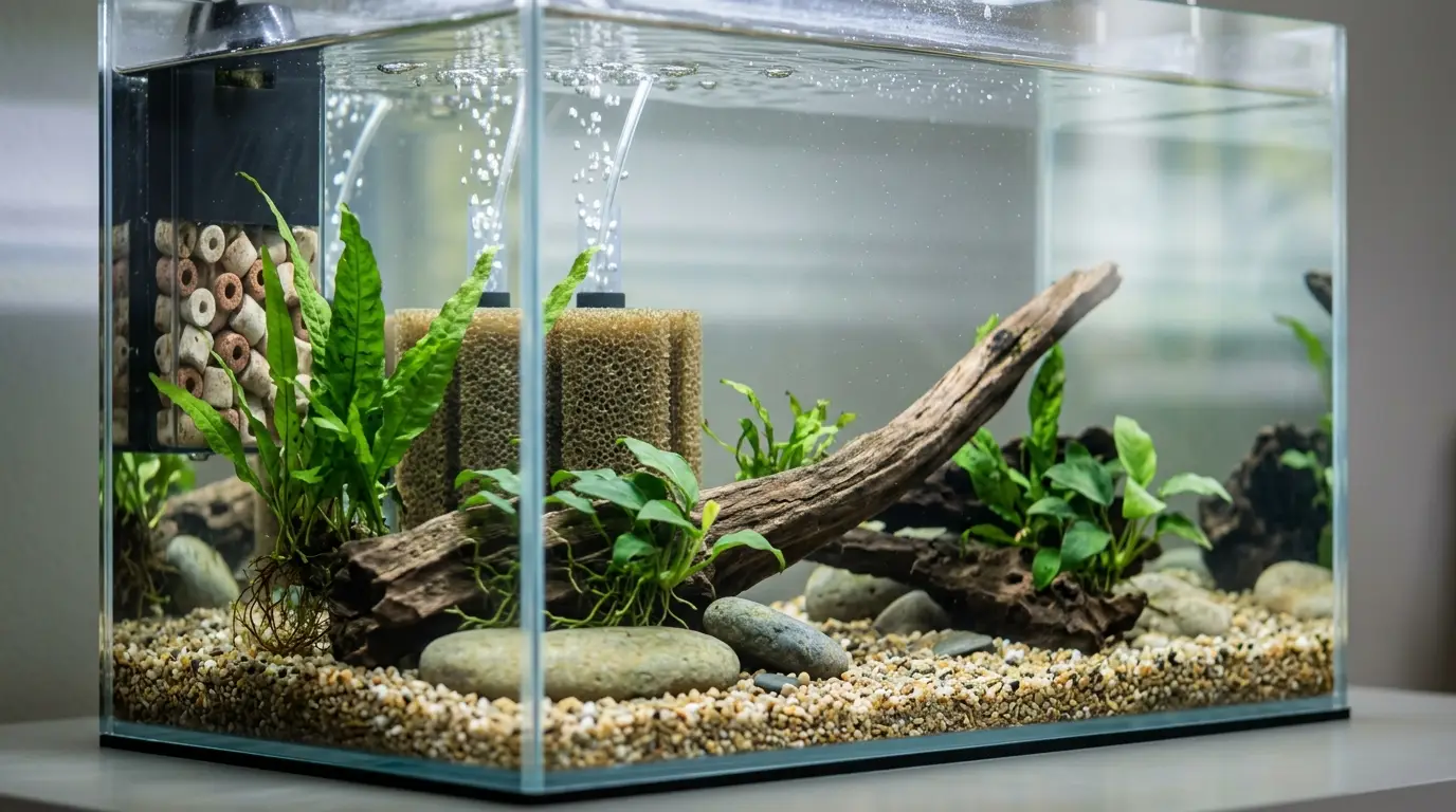A realistic new freshwater aquarium with biological filter media and aquatic plants representing the development of beneficial bacteria.