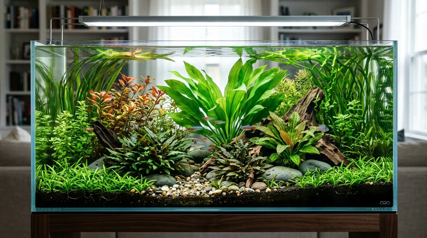 A diverse freshwater planted aquarium displaying Amazon sword, Cryptocoryne, Vallisneria, dwarf sagittaria, Ludwigia, Bacopa, and other rooted aquatic plants.