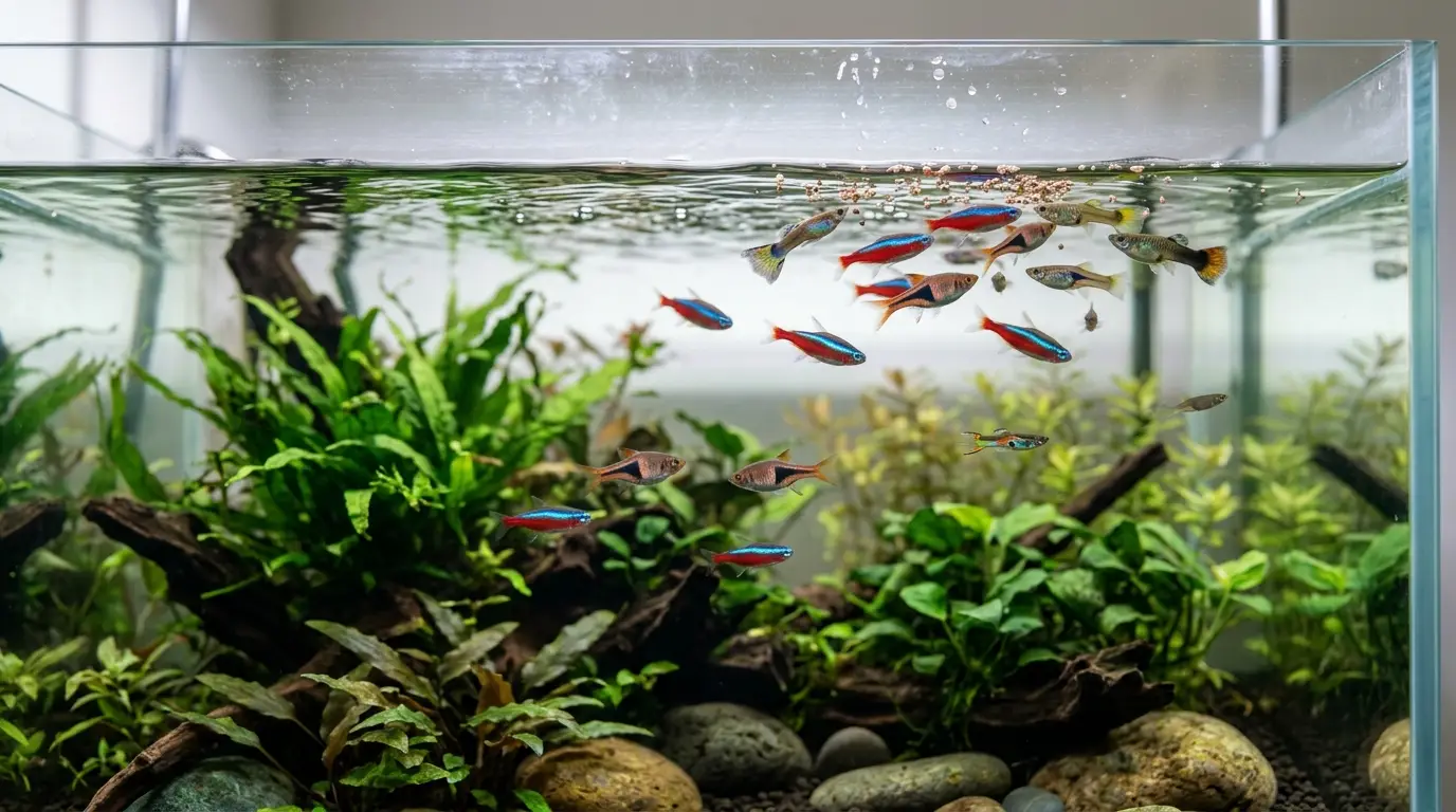 Aquarium fish calmly feeding on small portions near the surface of a planted community aquarium.