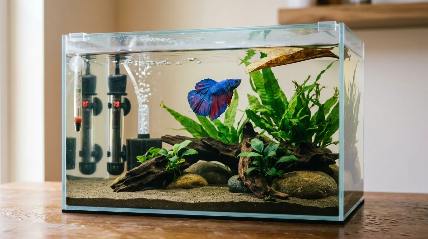 Betta fish living in a heated filtered 5-gallon planted aquarium with stable clean water