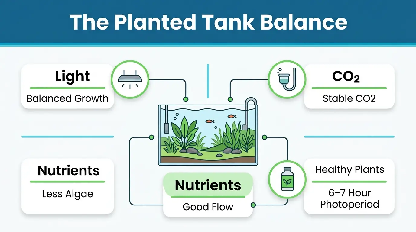 Healthy planted aquarium illustrating the balance between lighting, nutrients, and CO2 for plant growth.