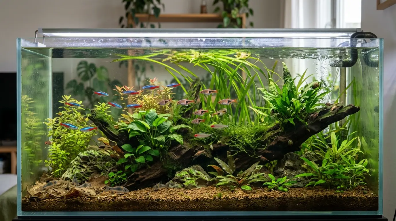 A freshwater aquarium with visible algae growth around the glass, plants, substrate, and hardscape while fish remain healthy.
