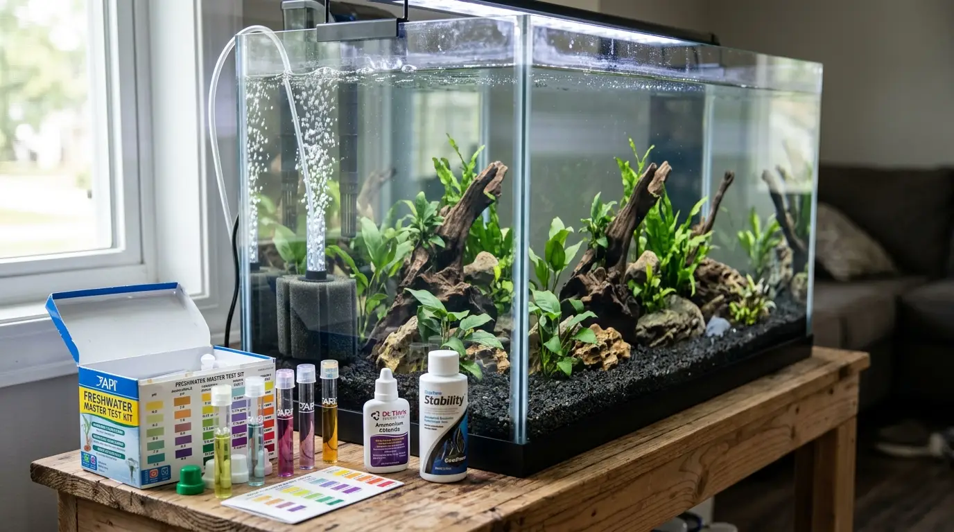 New freshwater aquarium during cycling with filter, biological media, testing equipment, and healthy bacterial habitat