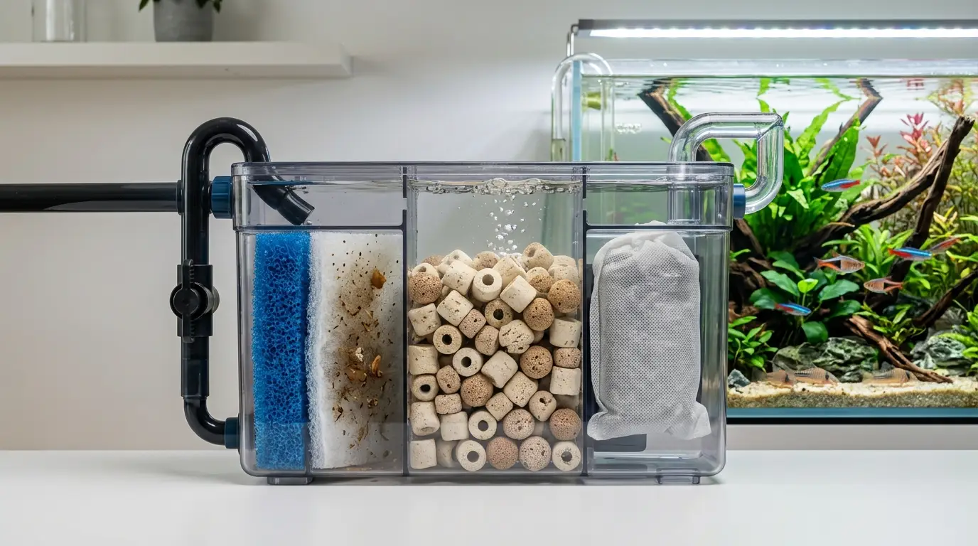 Aquarium filter showing mechanical, biological, and chemical filtration media arranged inside a filter chamber.