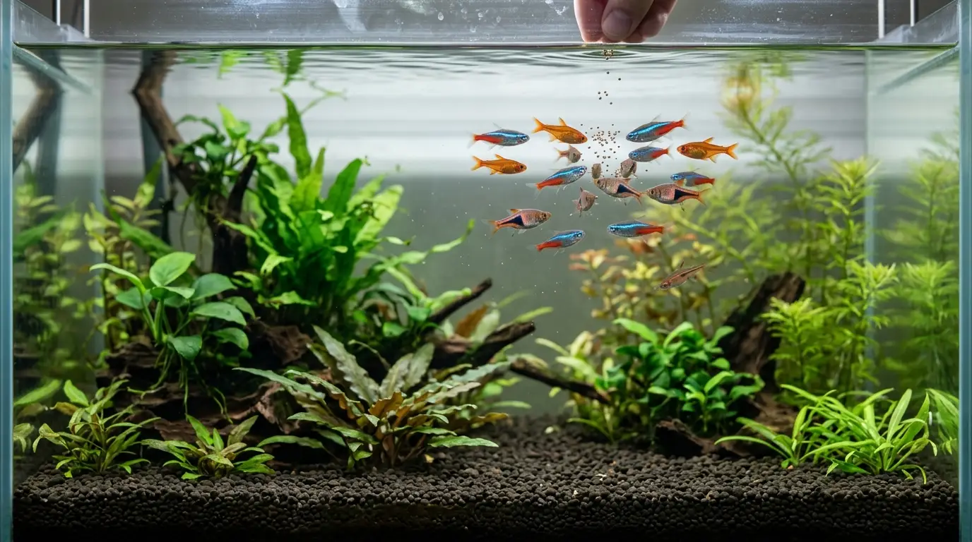 Aquarium fish quickly consuming a small measured portion of food before uneaten food reaches the substrate