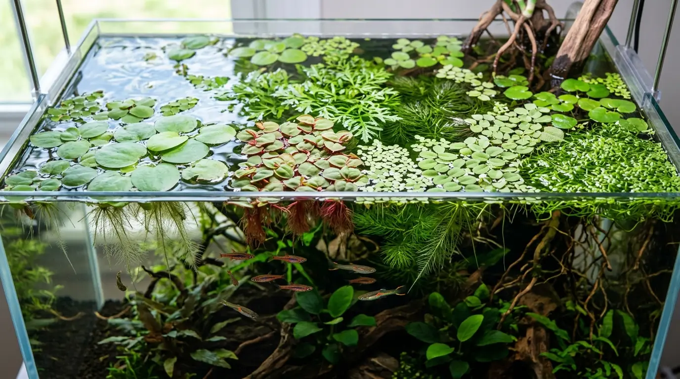 A realistic freshwater aquarium displaying a diverse collection of floating plants including frogbit, red root floater, water sprite, hornwort, duckweed, salvinia, pennywort, guppy grass, and riccia.
