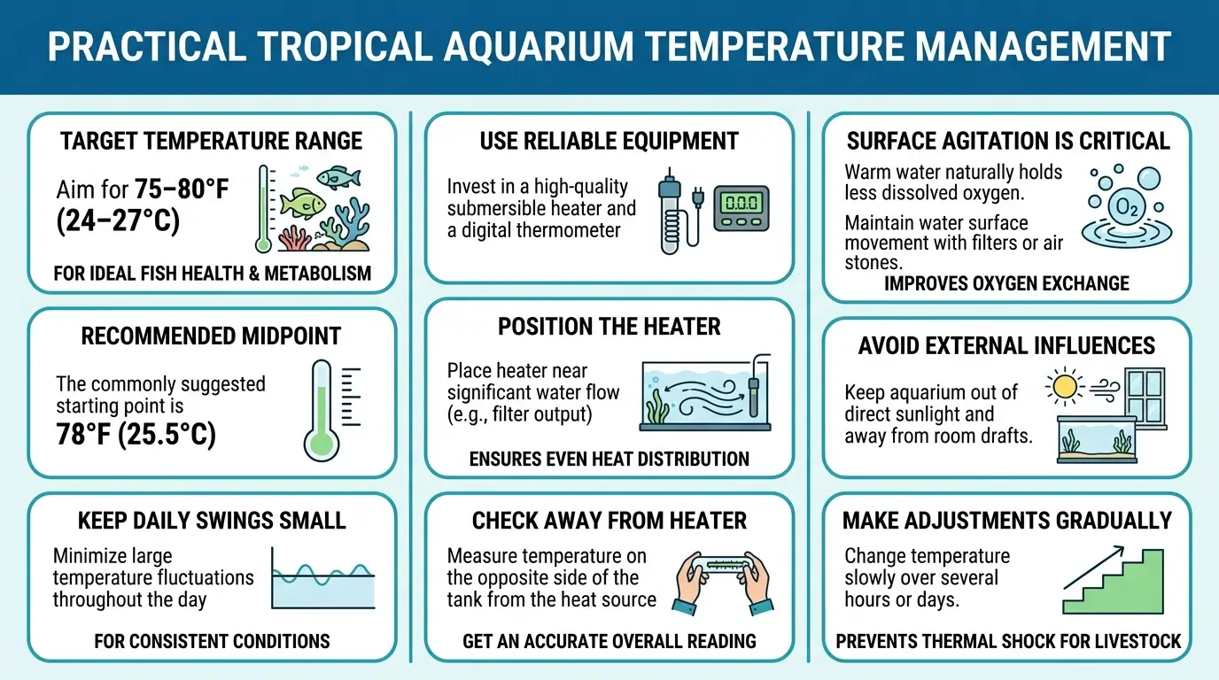 Visual guide showing stable aquarium temperature, thermometer monitoring, heater placement, and oxygenation principles