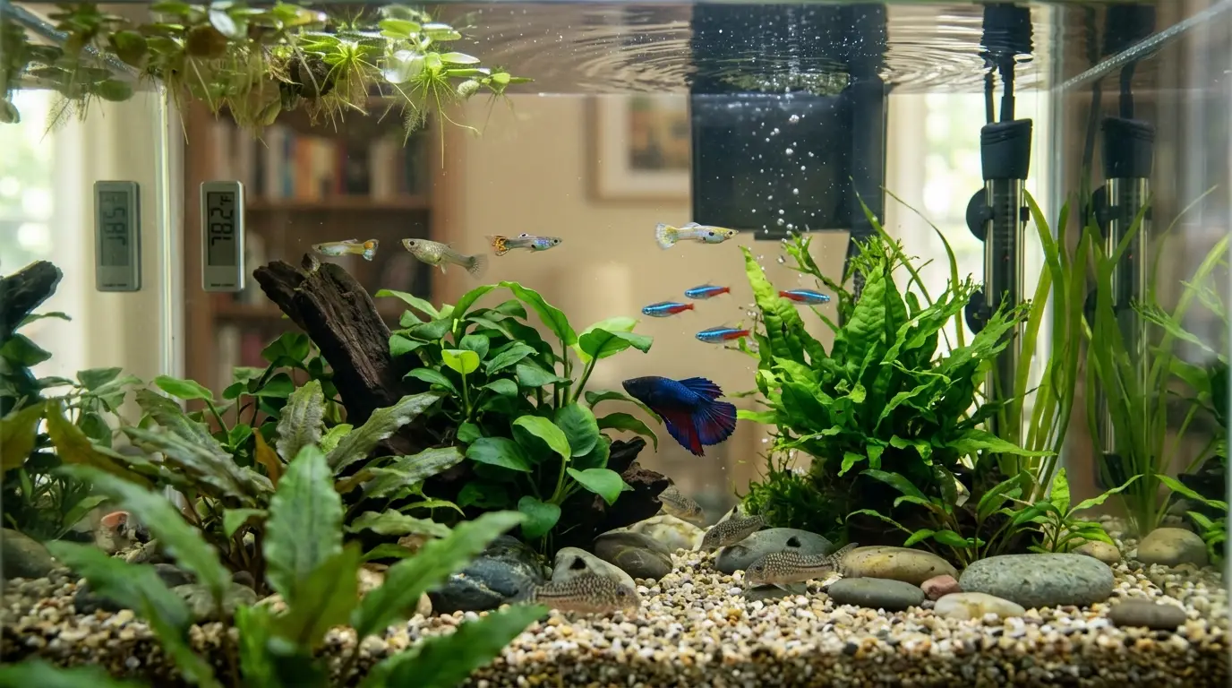 Healthy tropical aquarium fish swimming around a heater in stable warm water