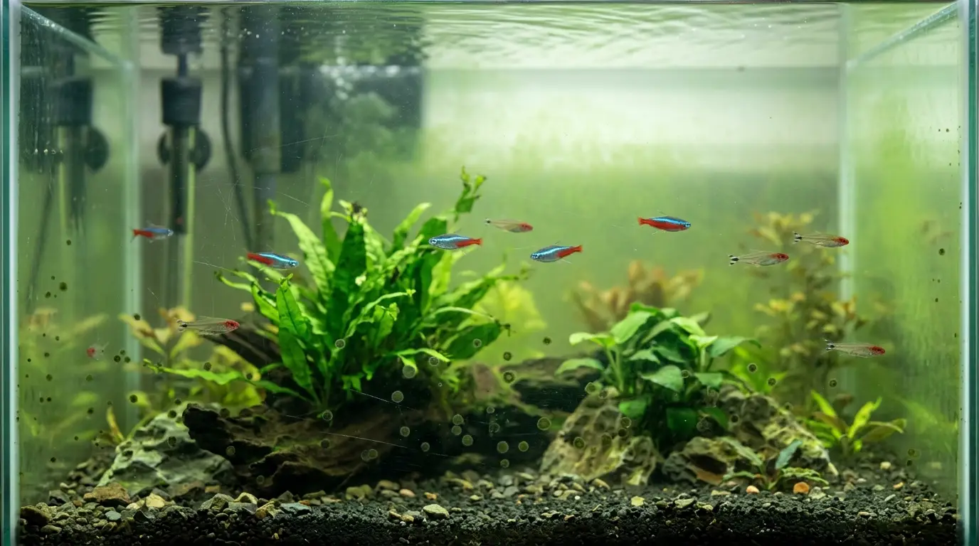 Freshwater aquarium showing green water and stubborn green spot algae during an algae-control problem