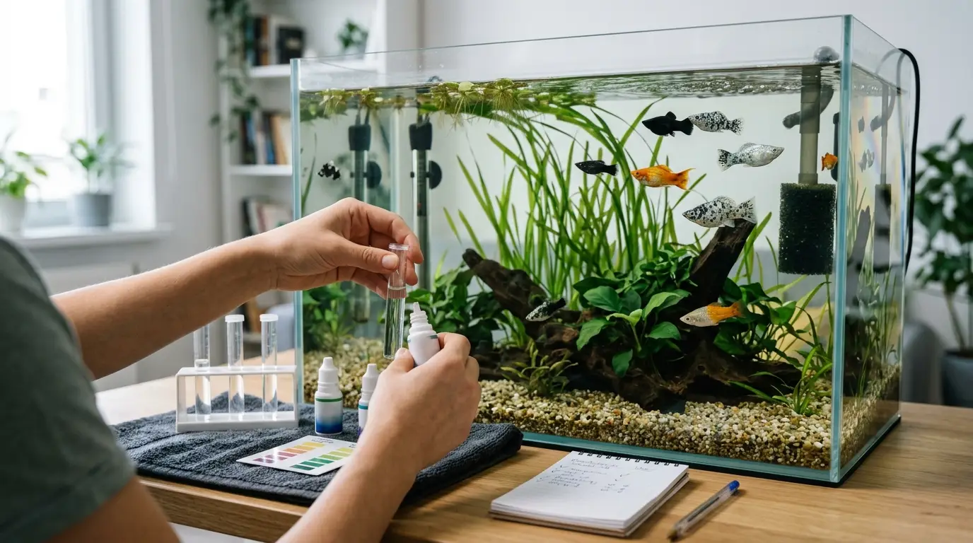 Healthy molly aquarium being monitored with water testing equipment during routine troubleshooting