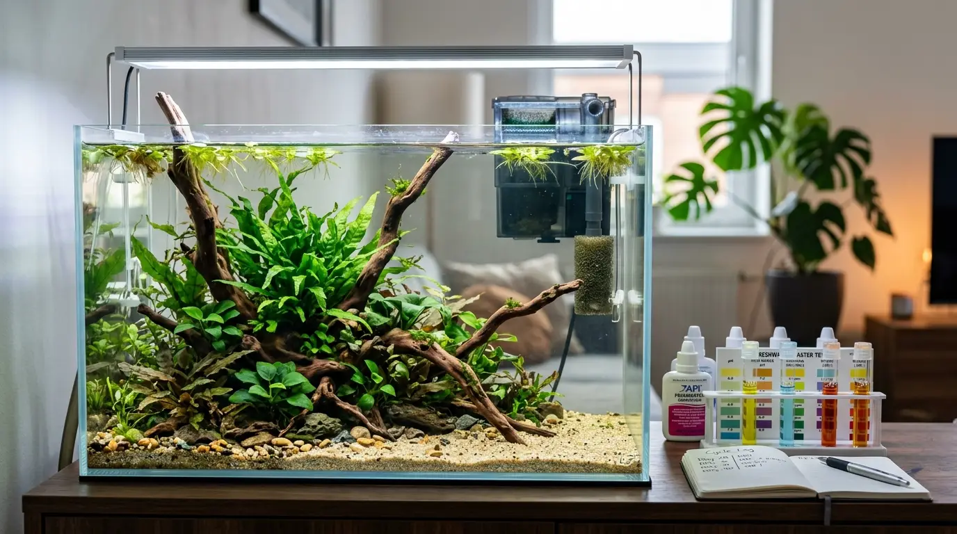 Fully cycled aquarium with zero ammonia and nitrite test results before adding fish