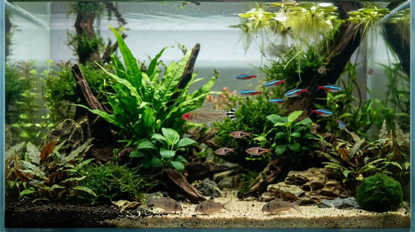 Healthy aquarium fish being observed closely for changes in body condition, activity, breathing, and behavior.