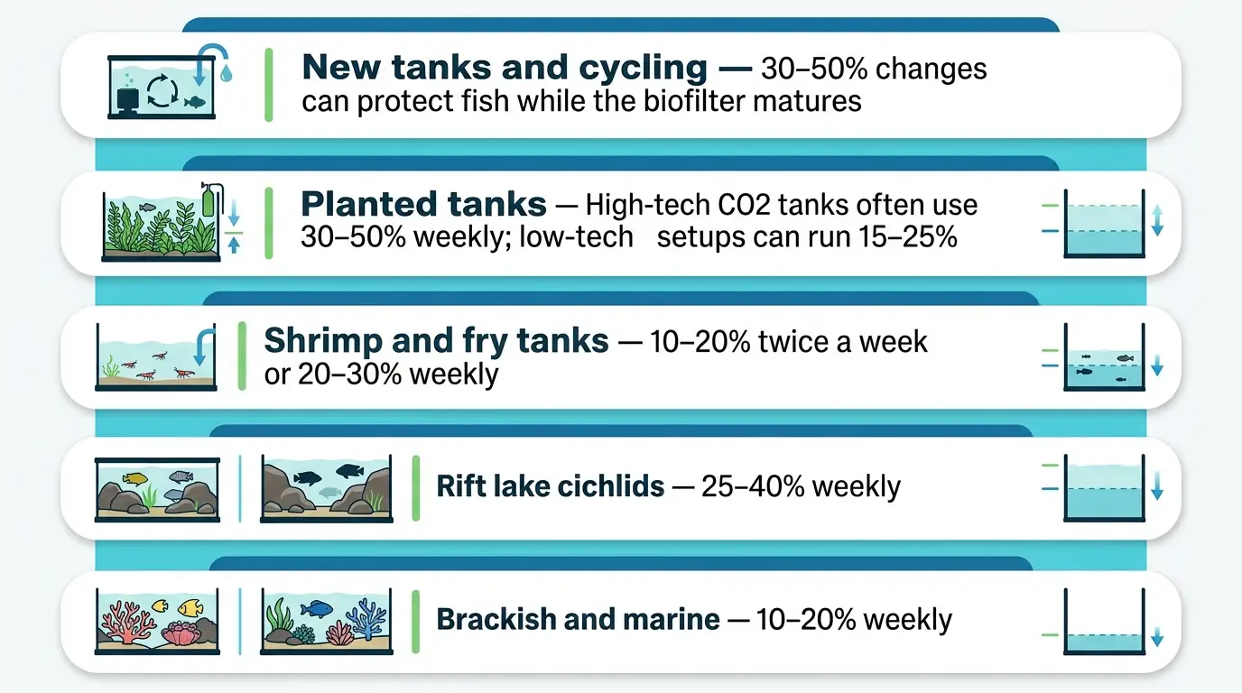 Comparison infographic showing weekly water change ranges for freshwater, planted, nano, shrimp, and reef aquariums