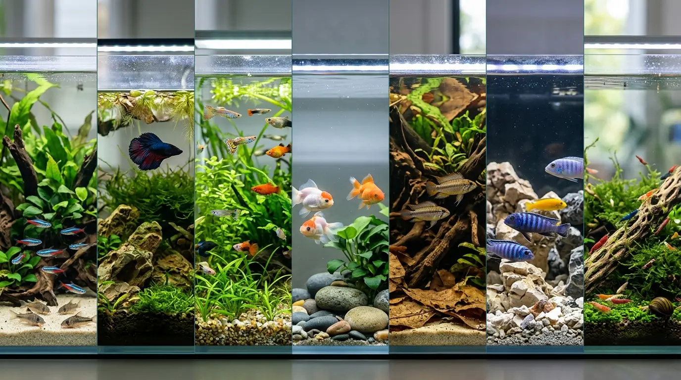 Freshwater aquarium fish representing tropical community fish, bettas, goldfish, livebearers, cichlids, shrimp, and snails