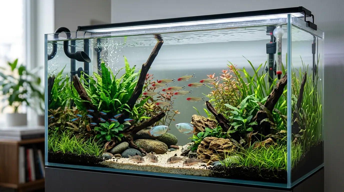 A clean, well-maintained freshwater aquarium with healthy fish, thriving plants, stable filtration, and clear water.