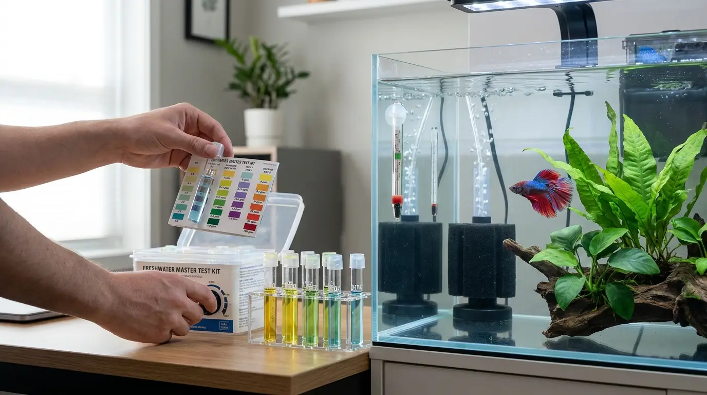 Aquarist checking aquarium temperature and water parameters in a planted betta tank.