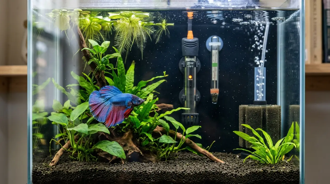 Betta aquarium with thermometer, heater, clean water, healthy plants and gentle filtration