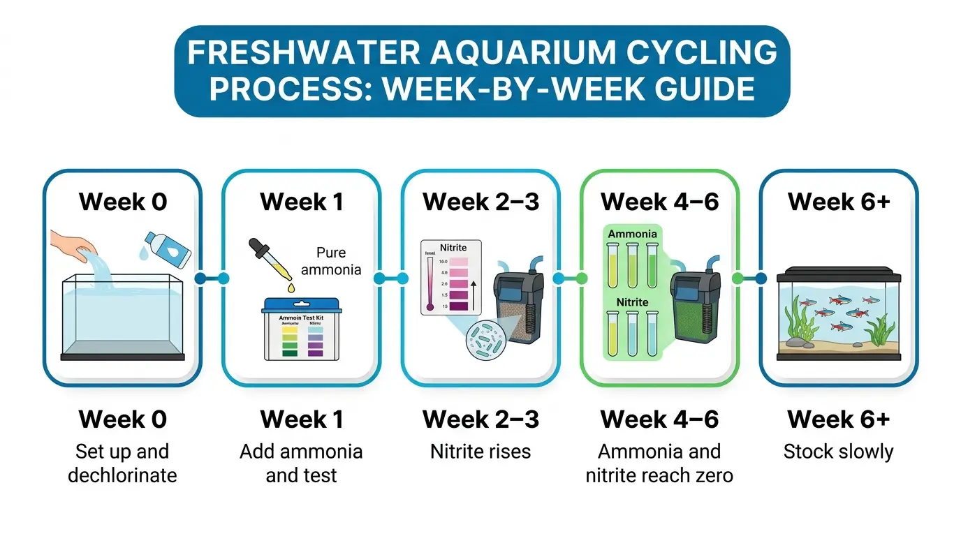 A professional visual timeline showing the major stages of cycling a new freshwater aquarium from setup through first stocking.