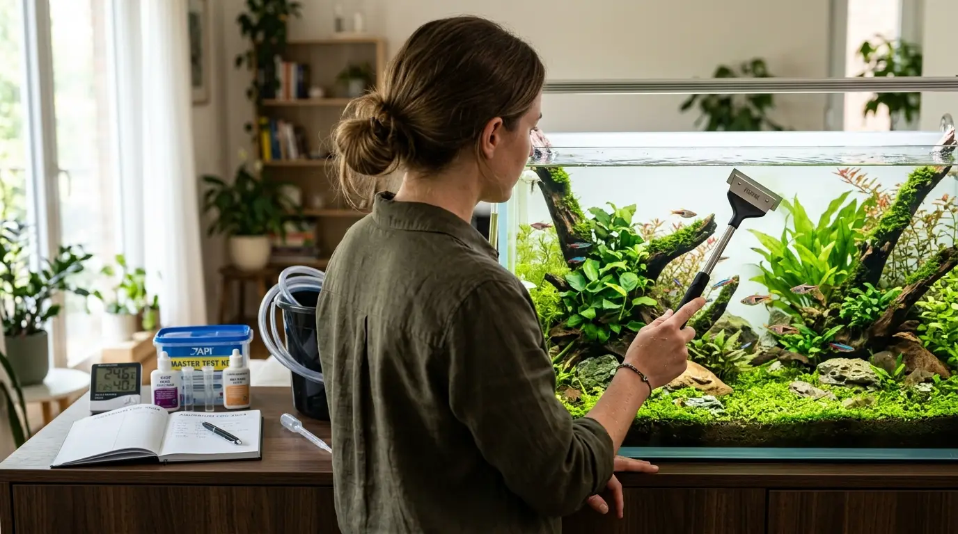 Aquarist performing routine aquarium maintenance including glass cleaning, water testing, and plant care