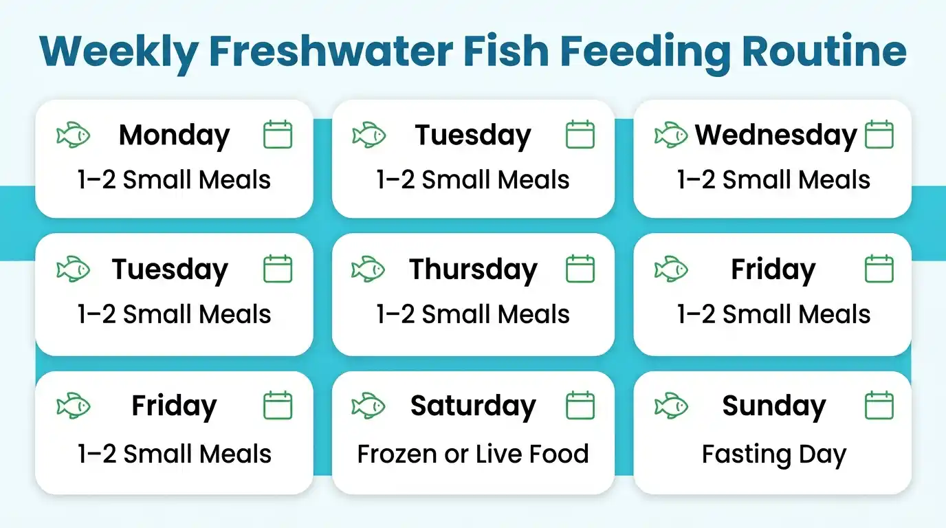 Simple weekly aquarium fish feeding schedule with fasting day and frozen food days.