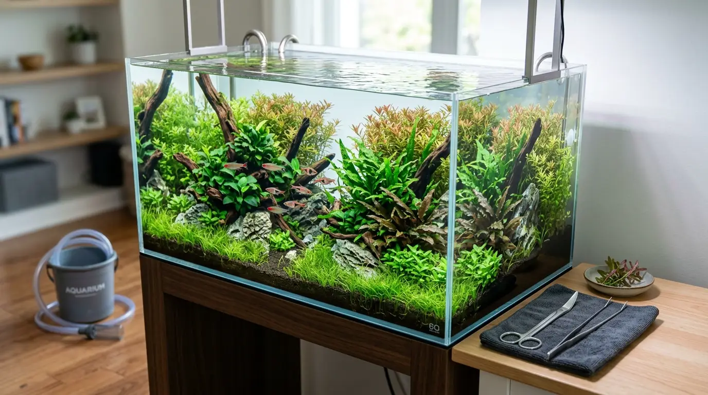 Healthy planted aquarium with freshly trimmed aquatic plants, clean glass, and organized natural aquascape