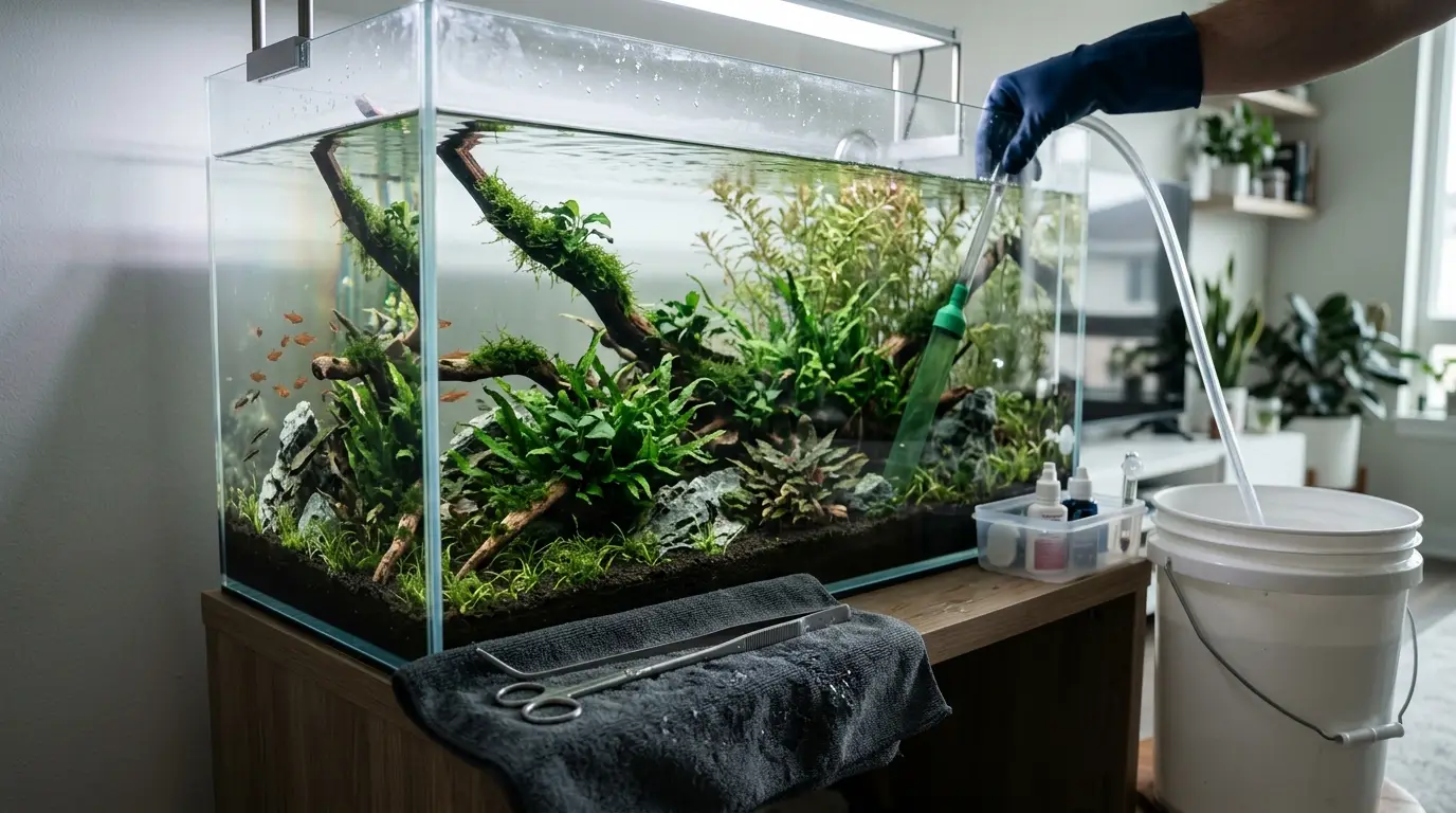 A planted aquarium being carefully maintained with plant trimming, glass cleaning, water testing, and routine equipment checks.