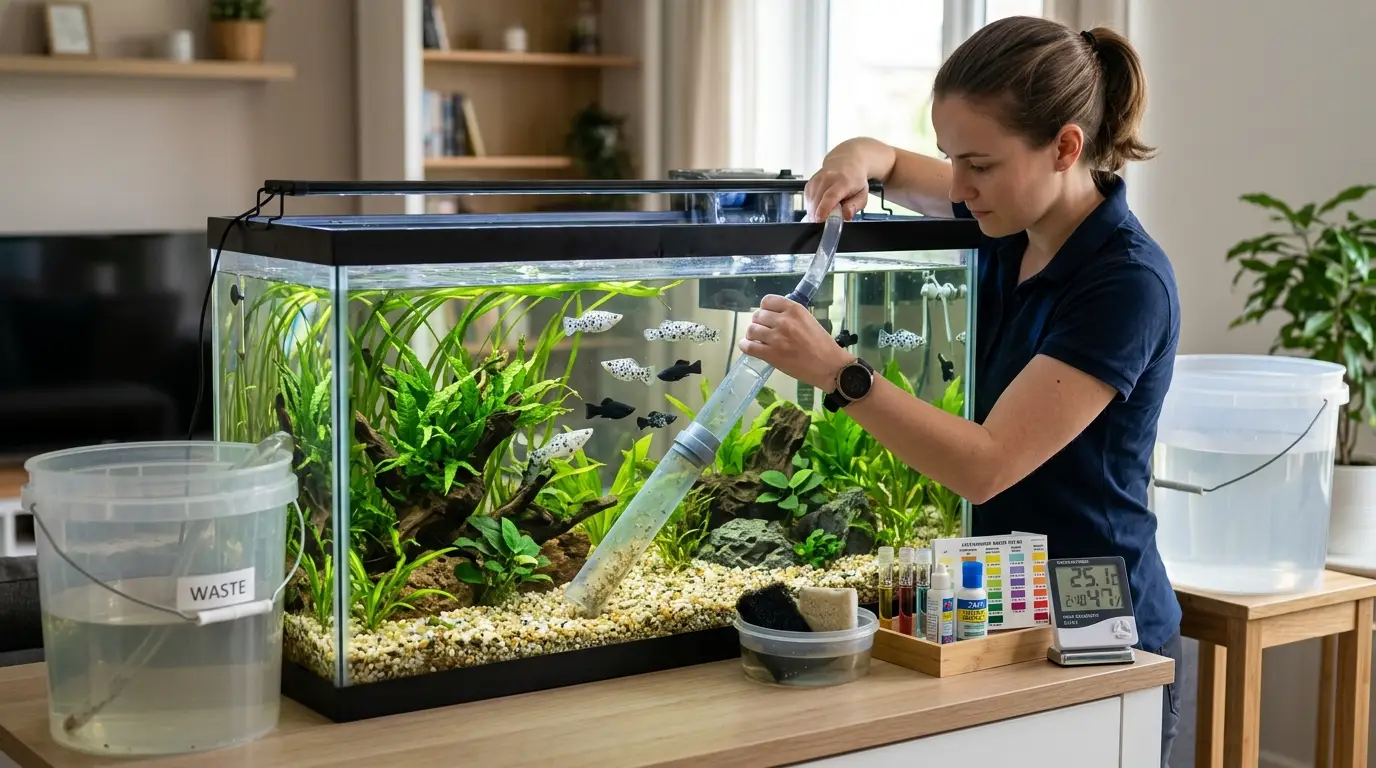 Aquarium keeper performing a careful weekly water change and maintenance routine in a molly tank