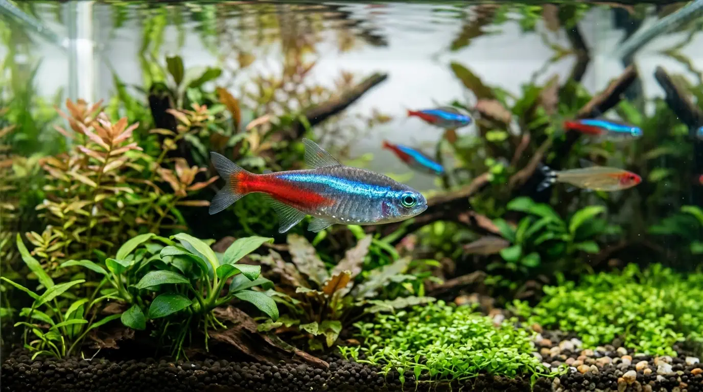 A healthy freshwater community fish with clear eyes, intact fins, smooth scales, and normal swimming behavior in a clean planted aquarium.