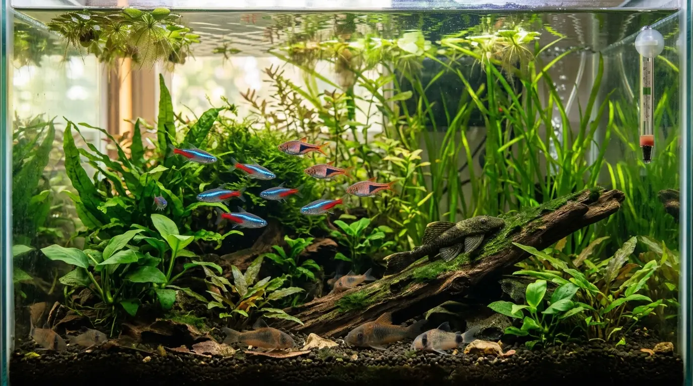 A mature planted aquarium with healthy adult fish, stable water, warm temperature, natural grazing surfaces, and established aquatic plants.
