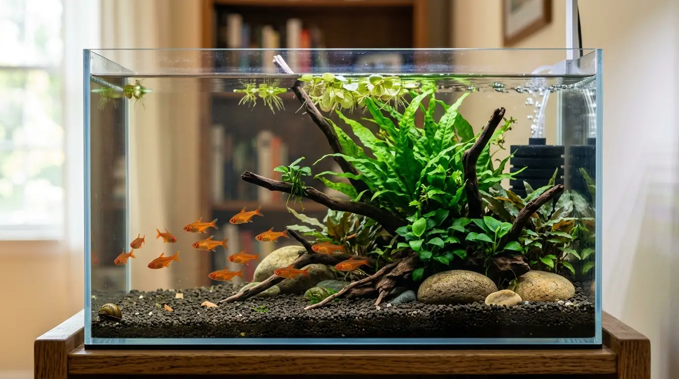 Balanced 10-gallon aquarium showing fish, plants, filtration, open swimming space, and surface area.