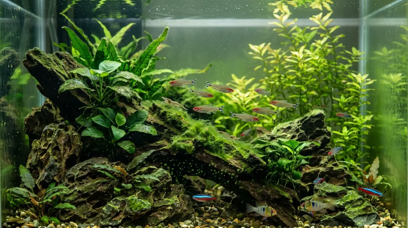 Realistic freshwater aquarium showing green algae growth on glass, rocks, plants, and aquarium decorations