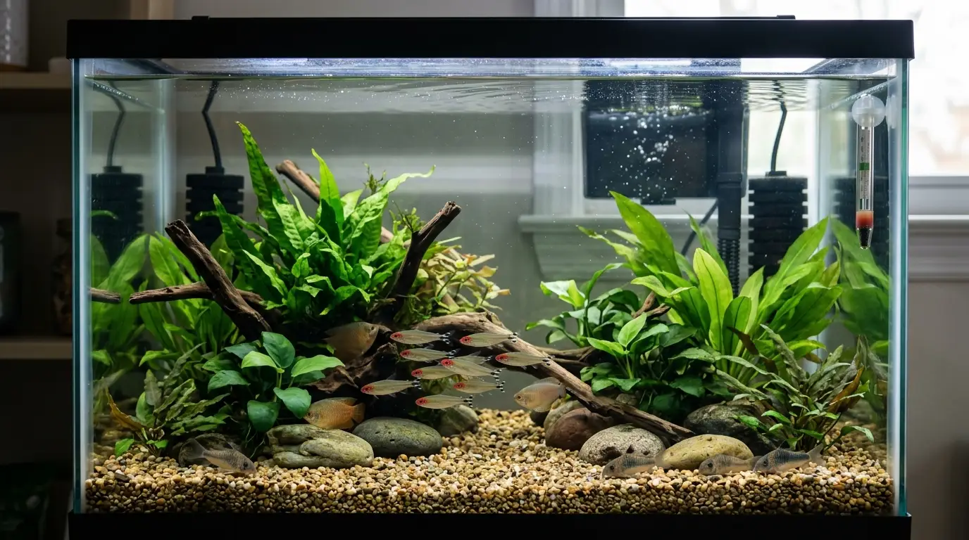 A realistic freshwater aquarium showing fish experiencing a major water replacement, illustrating the importance of stable temperature and water chemistry.