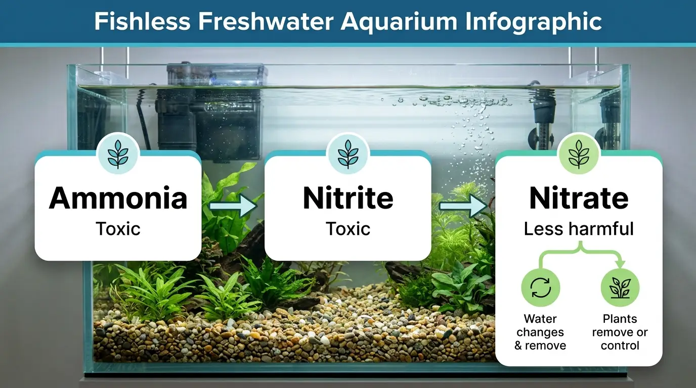 Aquarium nitrogen cycle showing ammonia, nitrite, and nitrate progression in a planted tank without fish