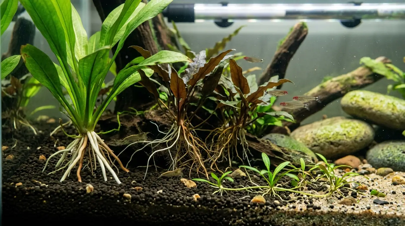 Healthy rooted freshwater aquarium plants growing firmly in nutrient-rich substrate with dense roots and natural aquatic cover.