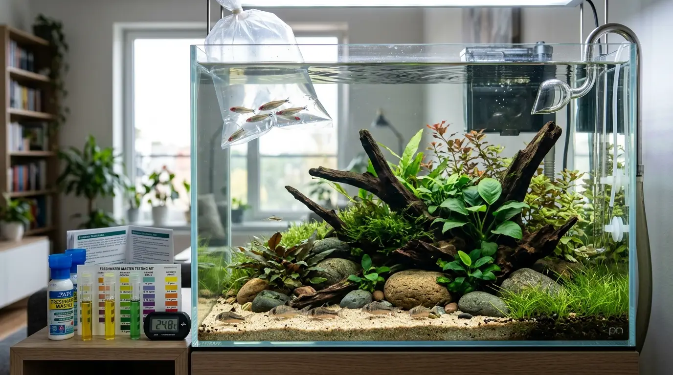 Newly cycled freshwater aquarium being prepared for gradual fish stocking with stable water and healthy biological filtration