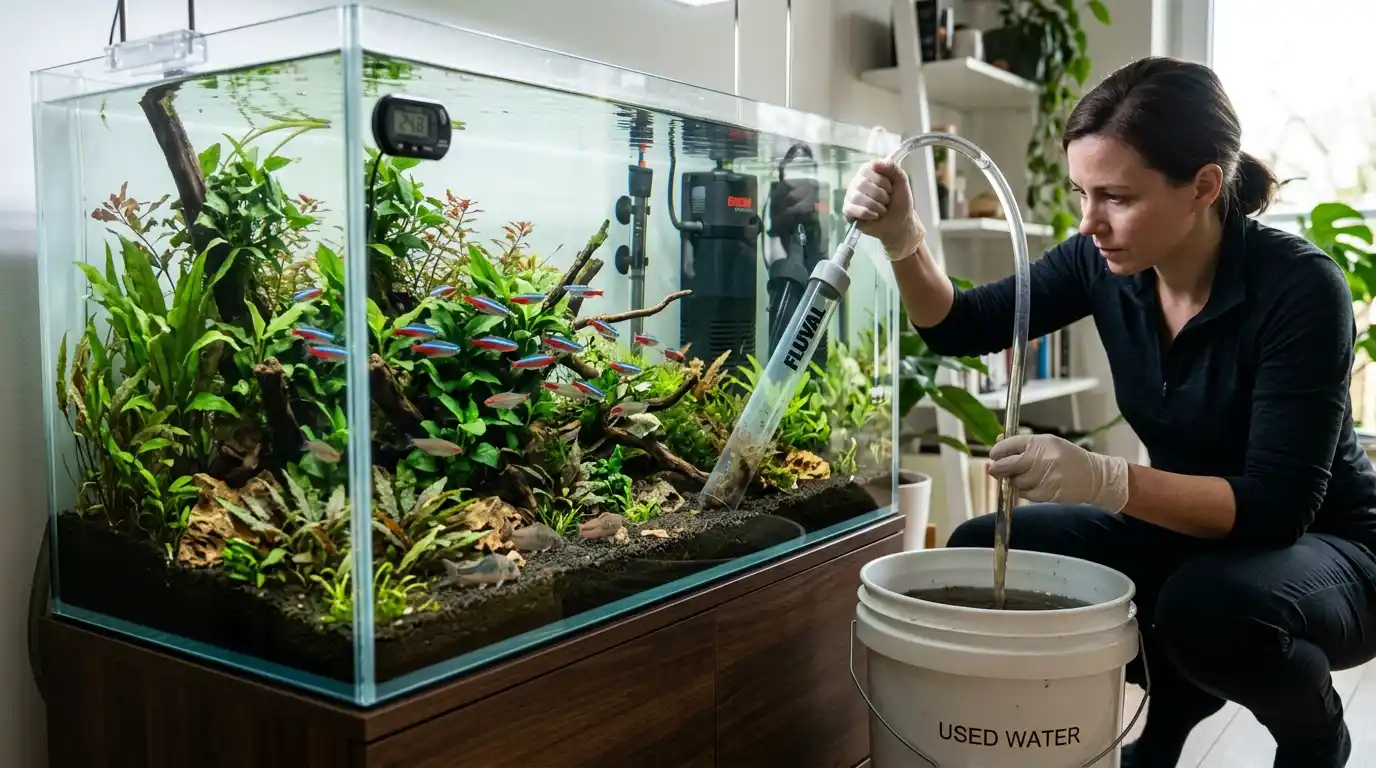 Healthy planted aquarium illustrating the relationship between filtration, waste buildup, nitrate, and freshwater changes.
