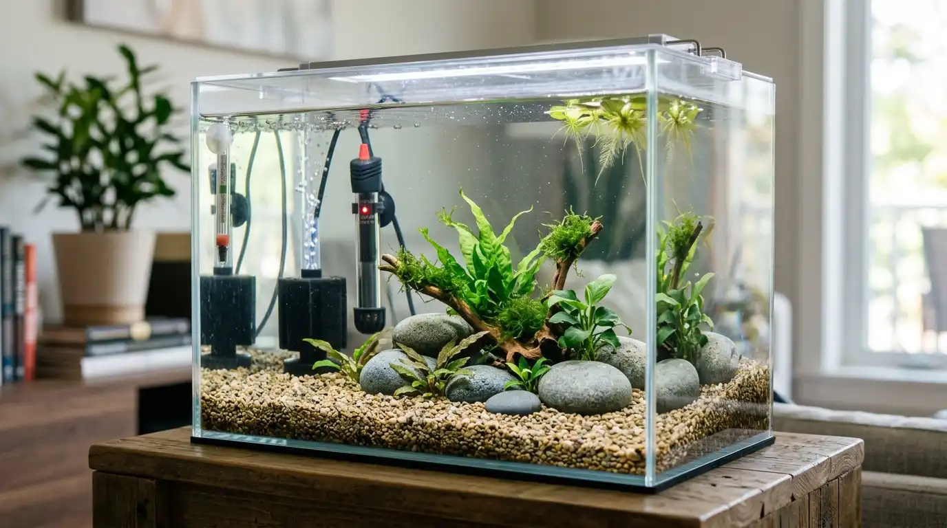 A compact 5-gallon planted aquarium showing how limited water volume can still provide a stable environment for a single betta when properly maintained.