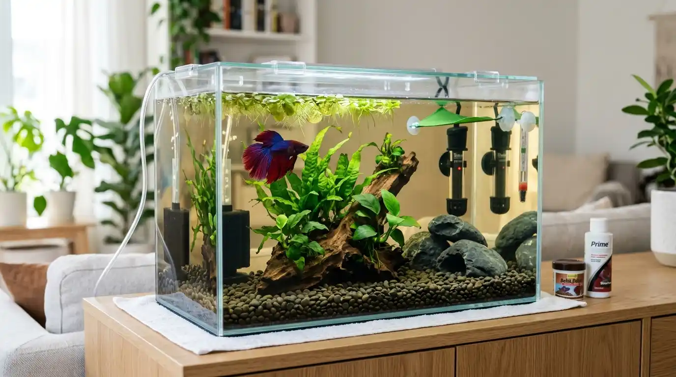 Complete healthy betta aquarium setup showing a 5-gallon tank, secure lid, heater, gentle sponge filter, live plants, hiding places, and stable water.