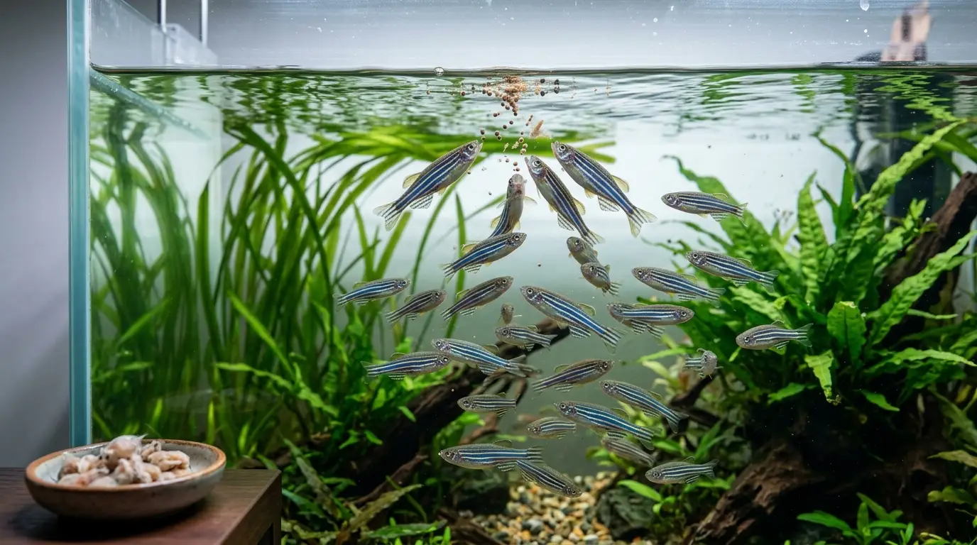 Zebra danios feeding on high-quality flakes and small frozen foods in a planted aquarium.