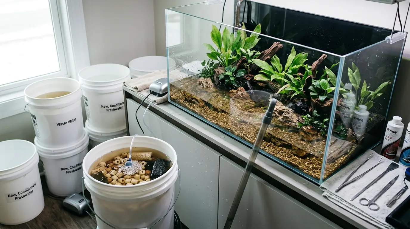An aquarium emergency cleanup scene with contaminated water being safely replaced while biological filter media is preserved in tank water.